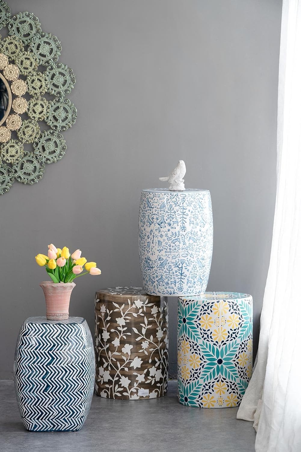 A & B Home 18 in H Cylinder Brown/White Ceramic Indoor Outdoor Hand Painted Stool with Flower Pattern, Home and Garden Décor