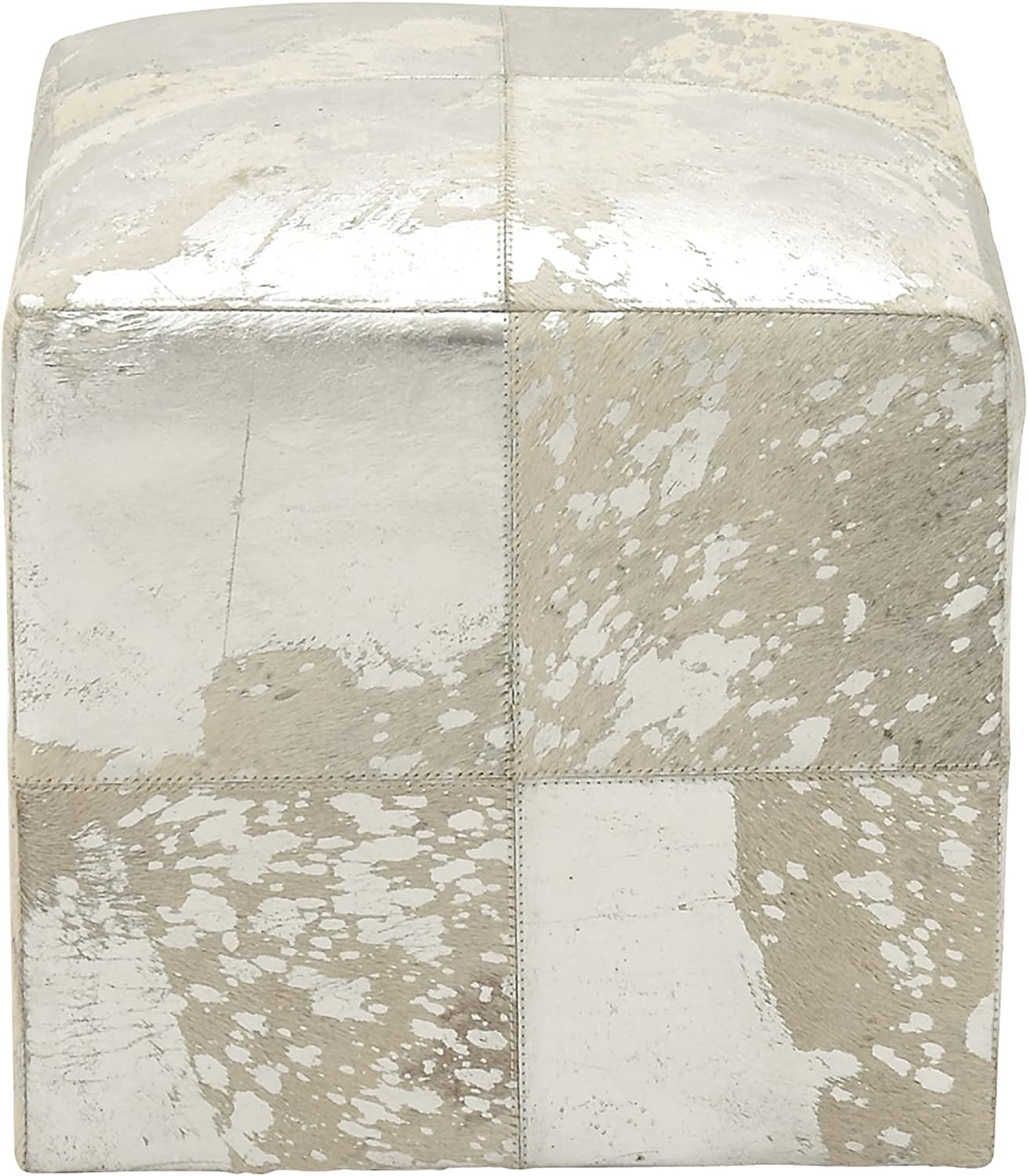 Deco 79 Leather Handmade Stool with Silver Foil Paint, 16" x 16" x 17", White