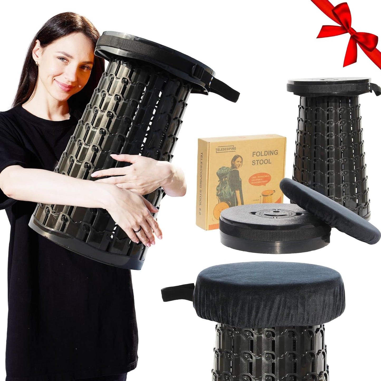 Upgraded 19.7"Portable Collapsible Folding Stool with Cushion Retractable Telescoping Foldable Stool for Adults Heavy Duty Camping Sturdy with Max Load Capacity 1000lbs for Outdoor Fishing Hiking BBQ