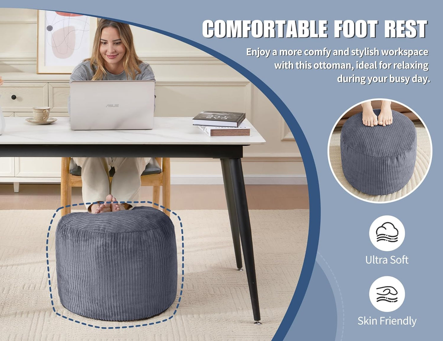 Pouf Ottoman Foot Stools with Foam Small Ottoman for Living Room Corduroy Ottomans Pouf 26x18 Floor Poufs Foot Rest for Chair Dark Grey Hassocks and Ottomans