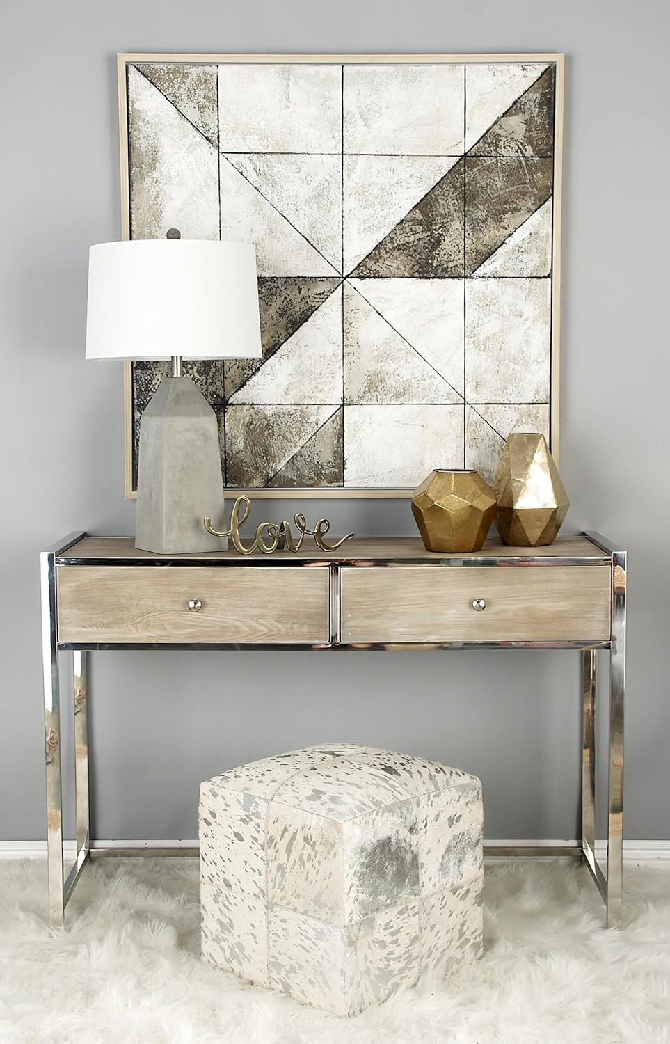 Deco 79 Leather Handmade Stool with Silver Foil Paint, 16" x 16" x 17", White