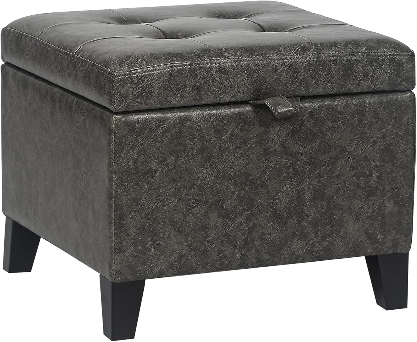 Adeco Storage Ottoman Foot Rest Stool, Leather Ottoman Footstool with Wood Legs and Hinged Lid, 18" Small Foot Stool Bench for Living Room, Bedroom, Black