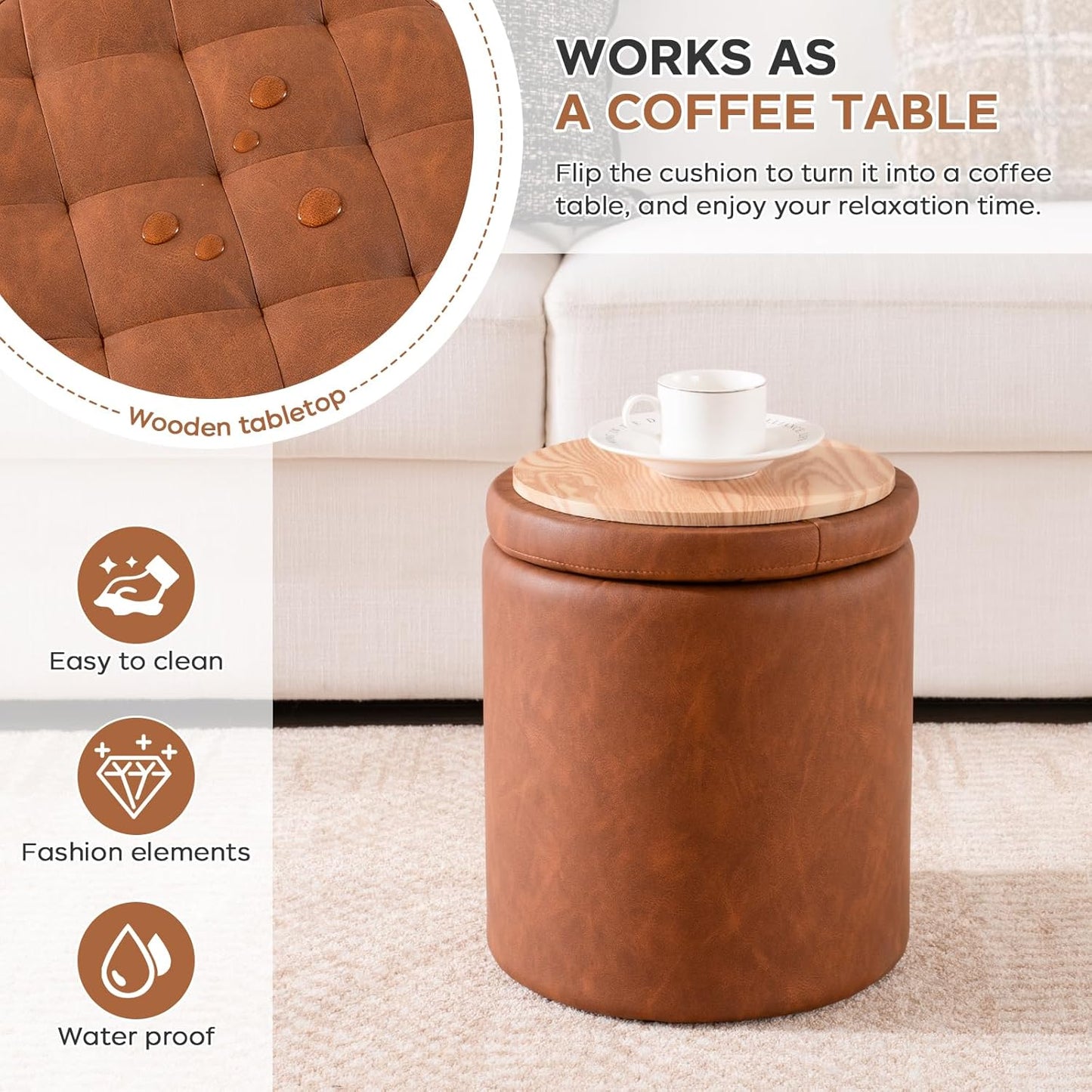 Round Ottoman with Storage Set of 2, Faux Leather Button Tufted Storage Ottoman, Boucle Foot Stool Vanity Stool, Foot Rest Coffee Table for Living Room, Bedroom, Support 300 lbs, Brown