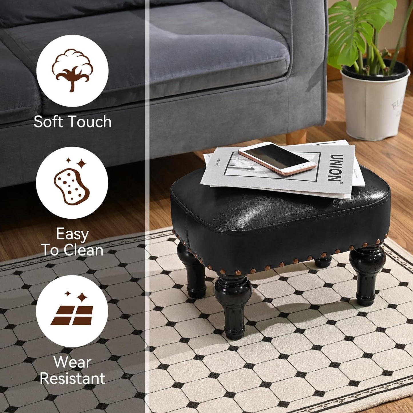 Leather Footrest Wood Ottoman,Rustic Foot Stools Seat, Wood Footstool,Rectangle Footrest Small Ottoman for Bedroom, Living Room, Office,Entrance Hall (Black)