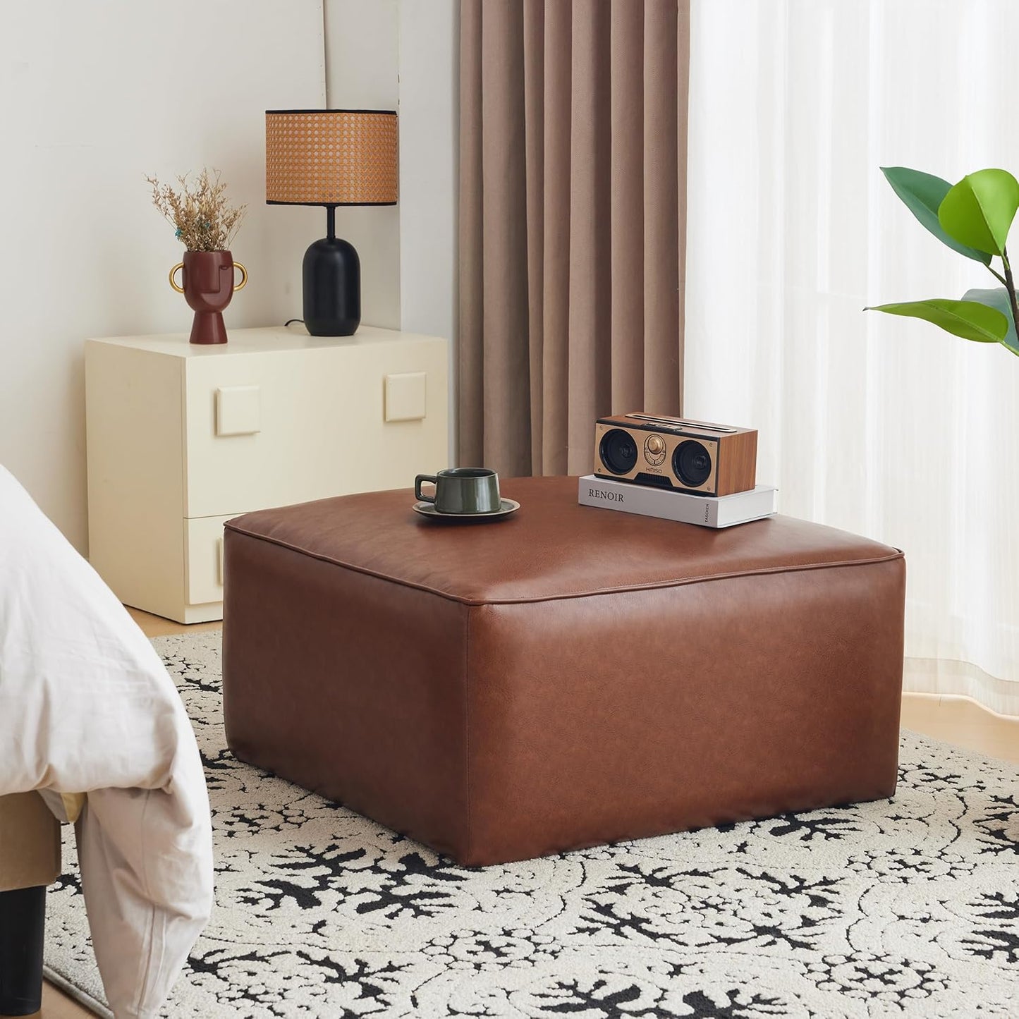 Christopher Knight Home Faux Leather Ottoman Footstool, Square Pouf Poufee Footrest Ottoman Large Seat, Modern Side Table for Living Room Bedroom Home Decor Gifts, Light Brown 30"