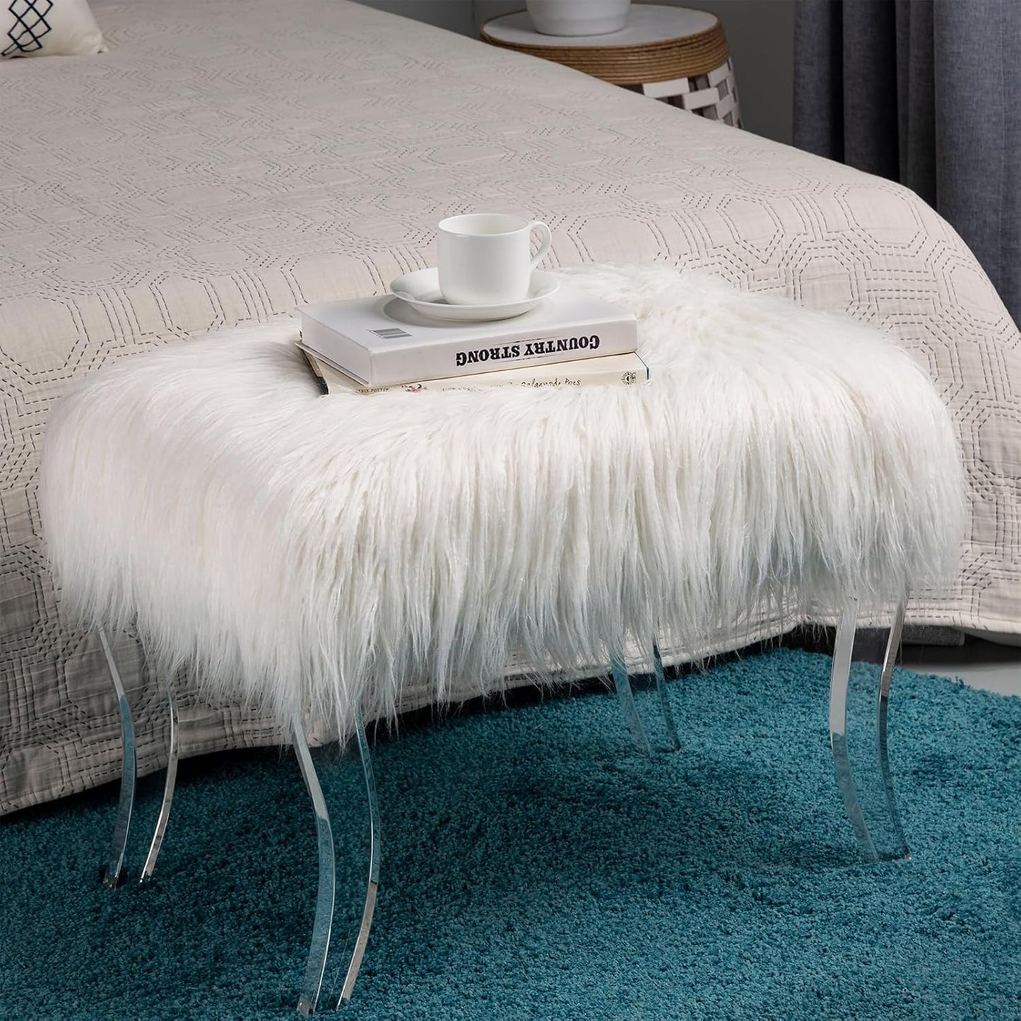 Glitzhome Modern Style White Faux Fur Ottoman Footrest Stool Vanity Stool with Acrylic Legs Accent Bench for Bedroom