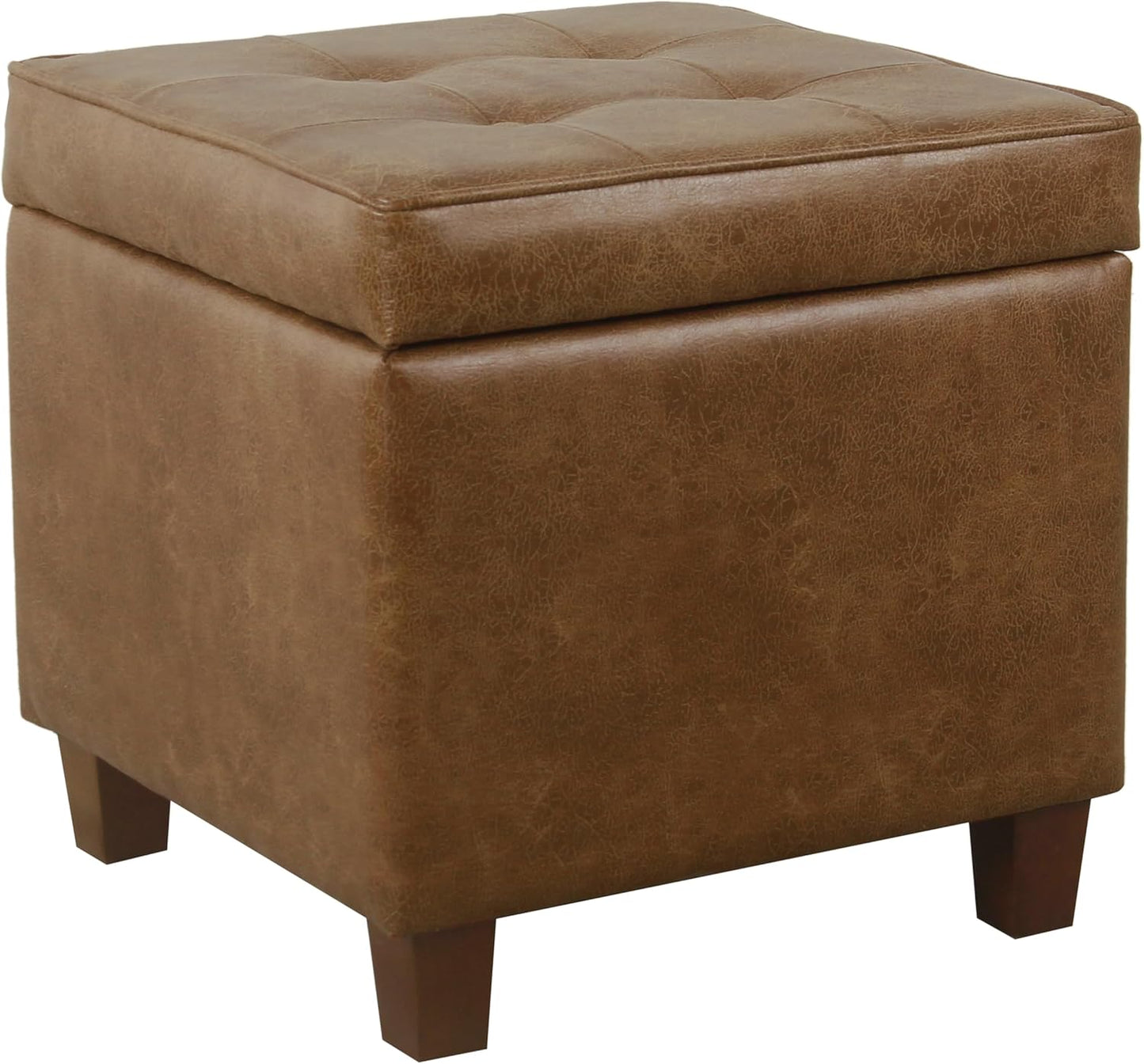 HomePop Leatherette Tufted Square Storage Ottoman with Hinged Lid, Brown Small