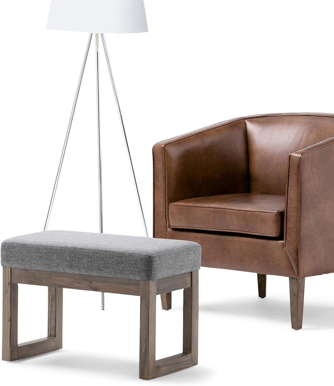 SIMPLIHOME Milltown 27 inch Wide Contemporary Rectangle Footstool Ottoman Bench in Grey Linen Look Fabric, Assembled, for the Living Room and Bedroom
