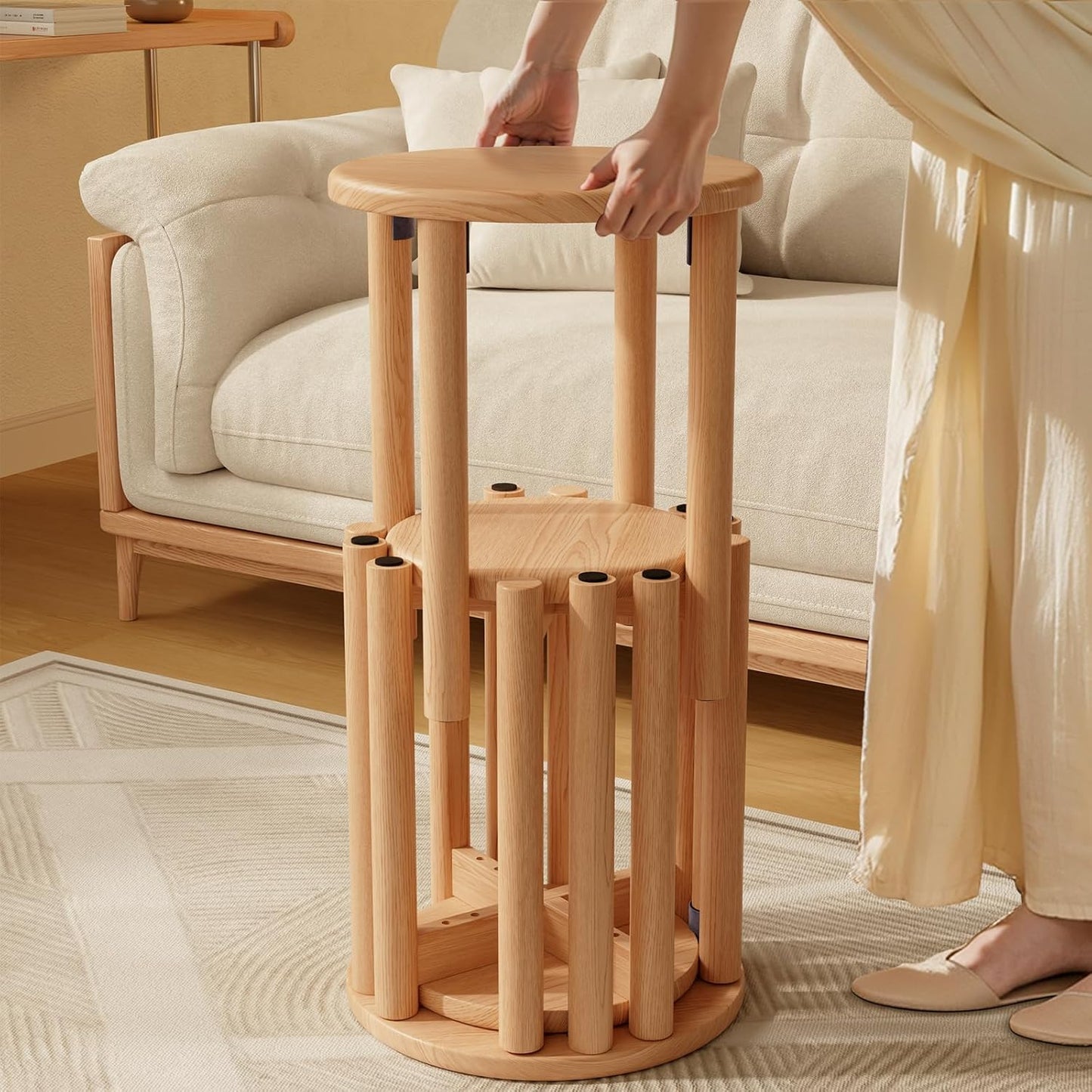 Stackable Stools Set of 4, Wooden Stools 18 Inch Stool Nesting Side Tables Nesting Coffee Table Sturdy and Durable, No Installation Required,Top Stackable Round Stool for Saving space(Walnut Barstool)