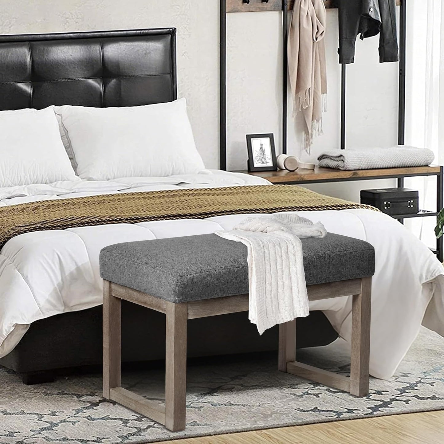 CangLong 27 Inch Wide Rectangle Ottoman Bench Grey Footstool, Linen Look Polyester Fabric for Living Room, Bedroom, Grey