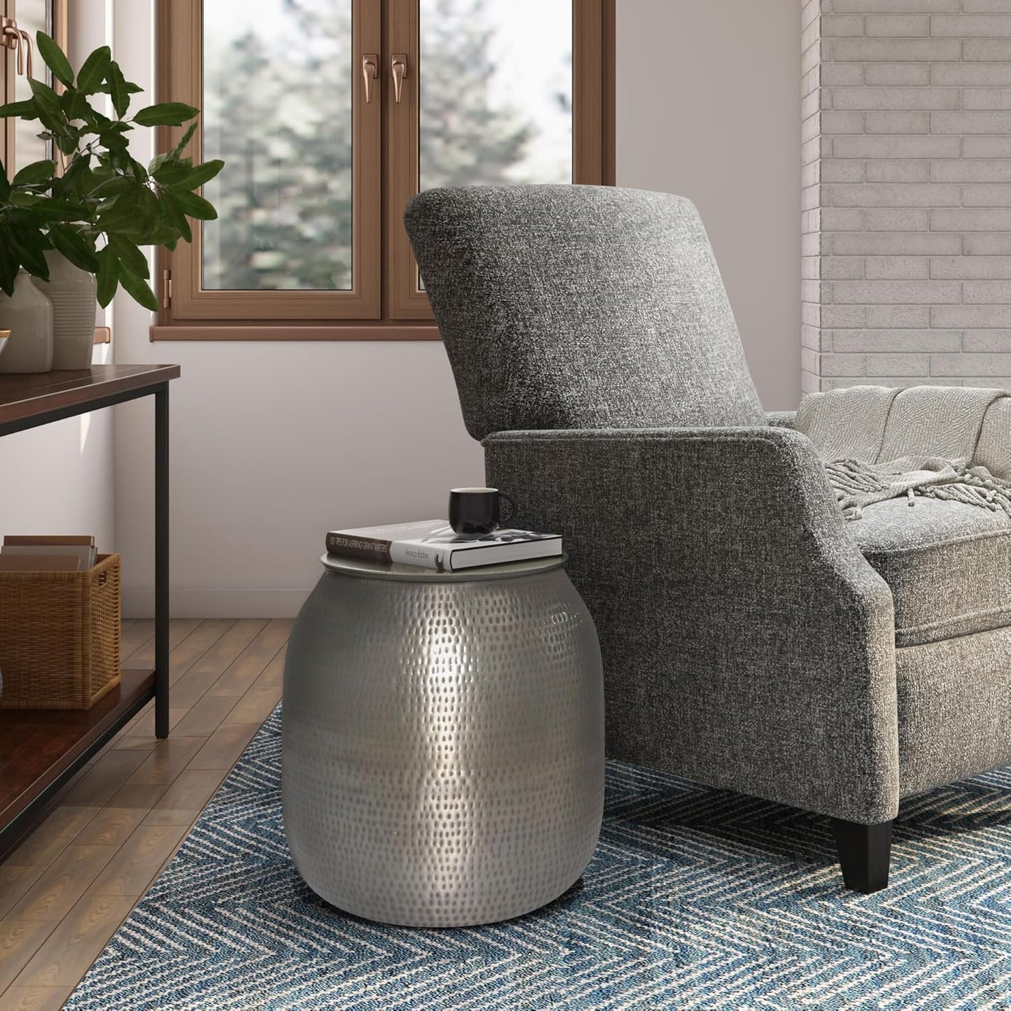 SIMPLIHOME Griffen Industrial 19 Inch Wide Metal Storage Accent Side Table in Antique Silver, Fully Assembled, For the Living Room and Bedroom