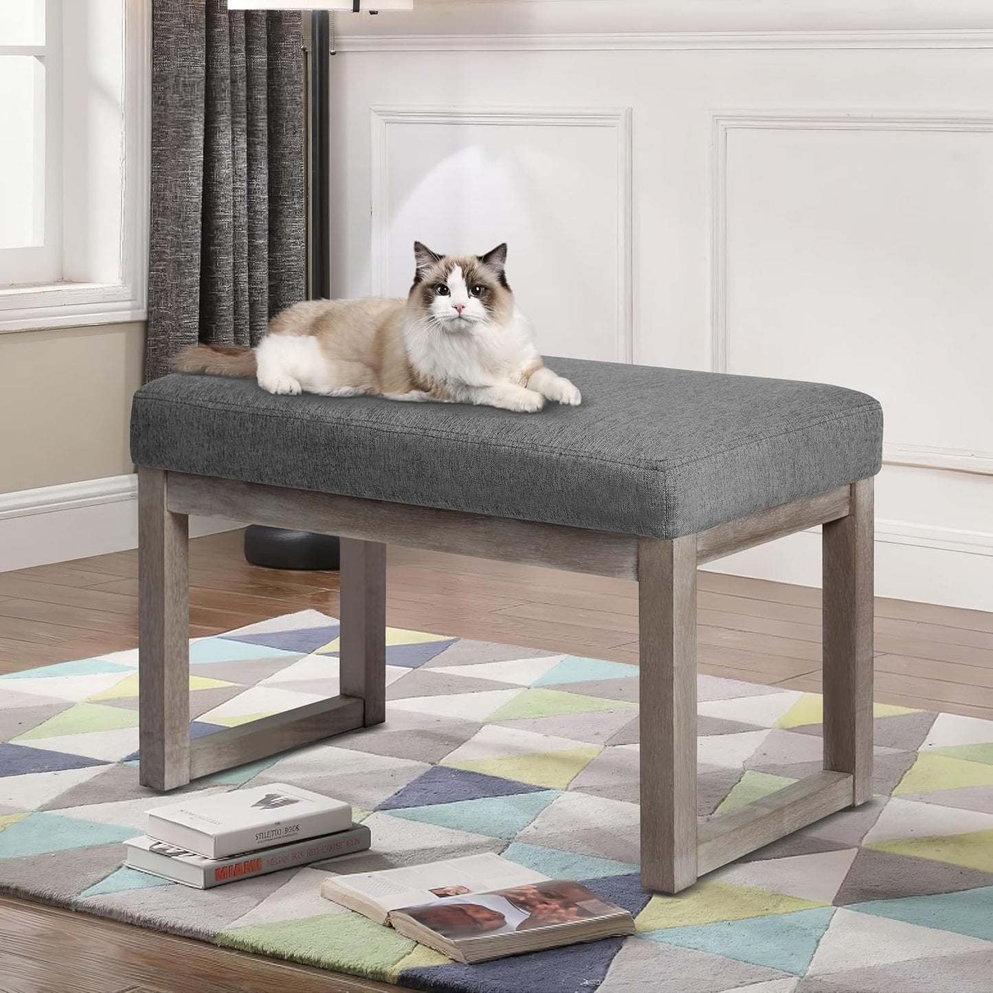 CangLong 27 Inch Wide Rectangle Ottoman Bench Grey Footstool, Linen Look Polyester Fabric for Living Room, Bedroom, Grey