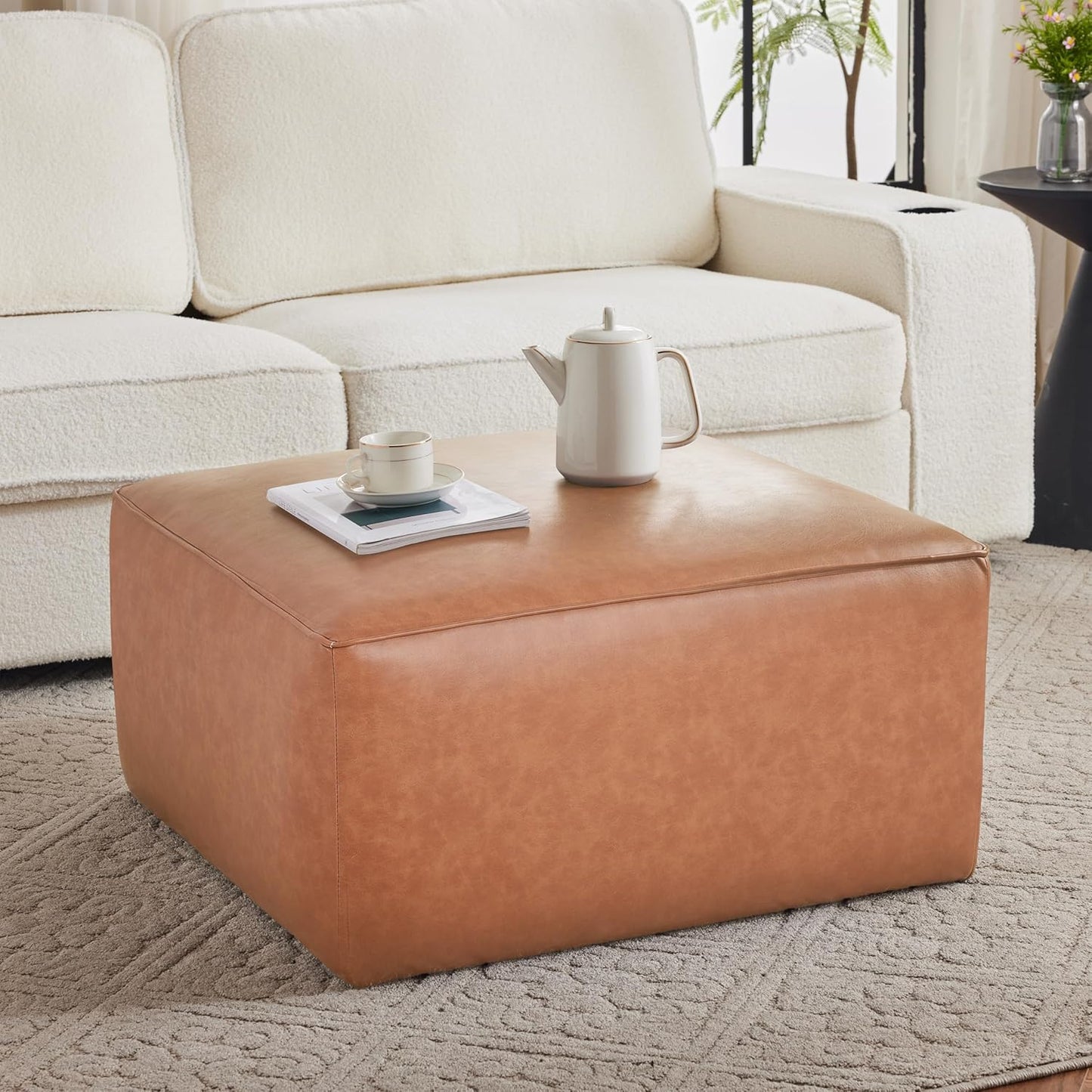 Christopher Knight Home Faux Leather Ottoman Footstool, Square Pouf Poufee Footrest Ottoman Large Seat, Modern Side Table for Living Room Bedroom Home Decor Gifts, Light Brown 30"