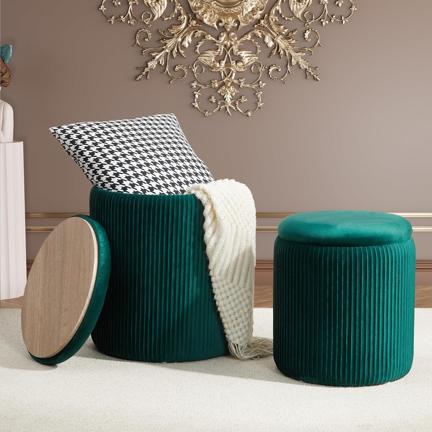 Round Ottoman with Storage Set of 2,Vanity Stool with Storage for Bedroom, Ottoman Coffee Table,Small Velvet Foot Stool for Living Room, Beige