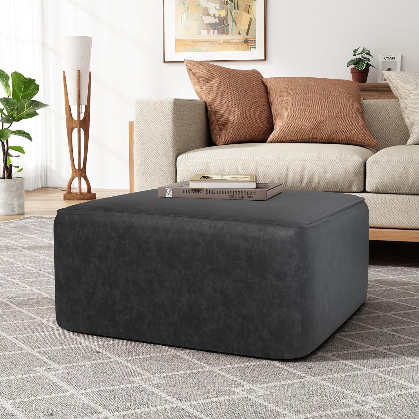 Christopher Knight Home Faux Leather Ottoman Footstool, Square Pouf Poufee Footrest Ottoman Large Seat, Modern Side Table for Living Room Bedroom Home Decor Gifts, Light Brown 30"