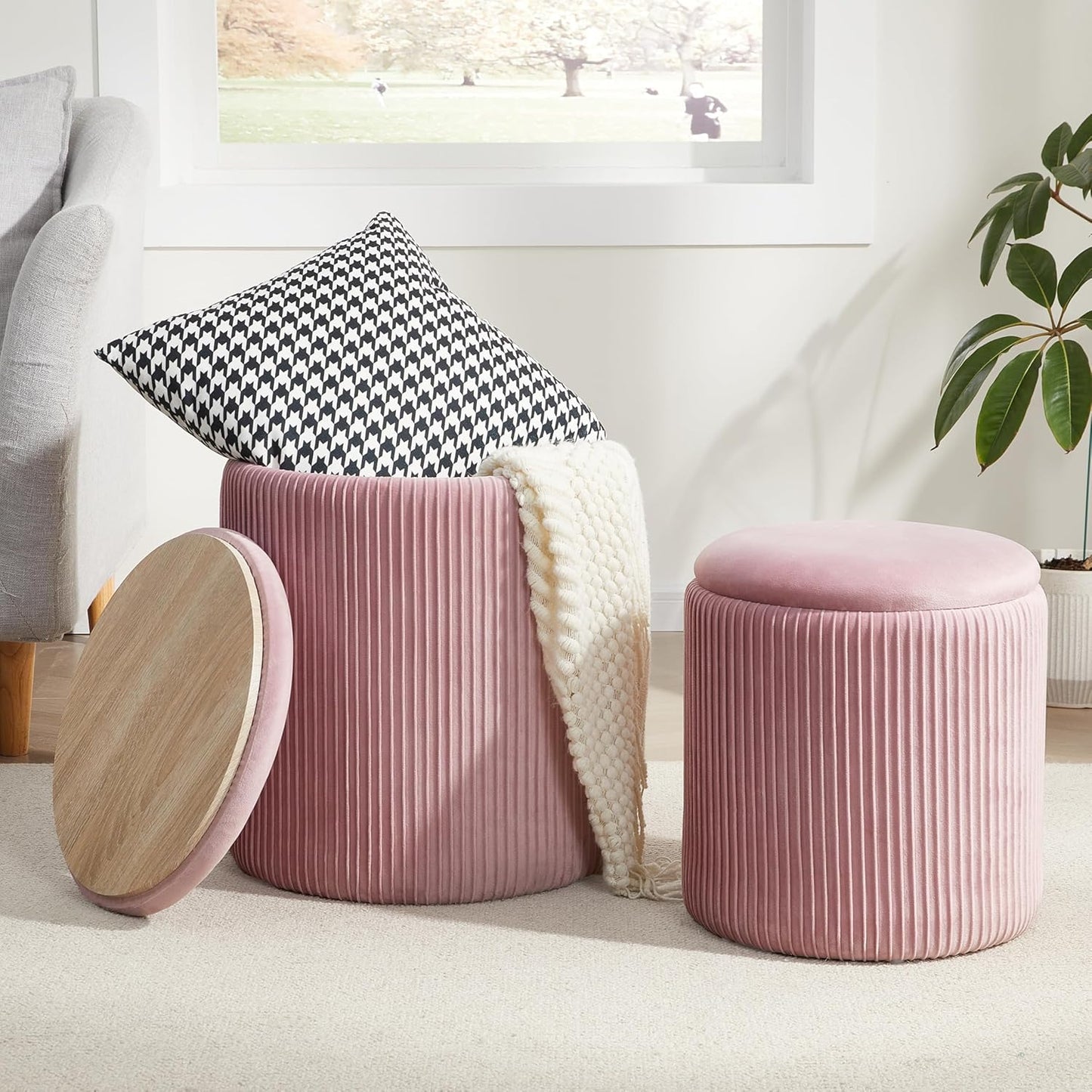Round Ottoman with Storage Set of 2,Vanity Stool with Storage for Bedroom, Ottoman Coffee Table,Small Velvet Foot Stool for Living Room, Beige