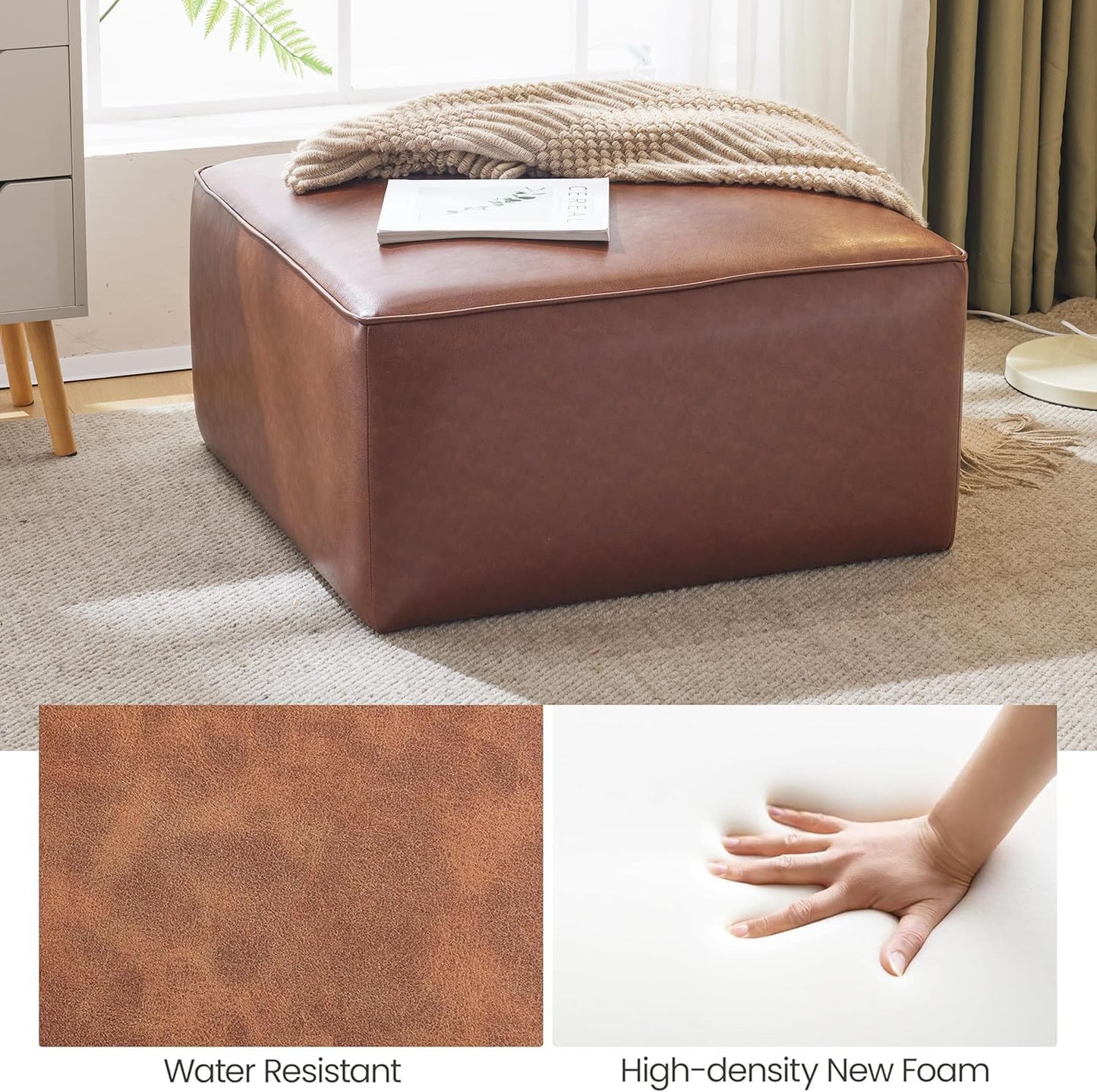 Christopher Knight Home Faux Leather Ottoman Footstool, Square Pouf Poufee Footrest Ottoman Large Seat, Modern Side Table for Living Room Bedroom Home Decor Gifts, Light Brown 30"