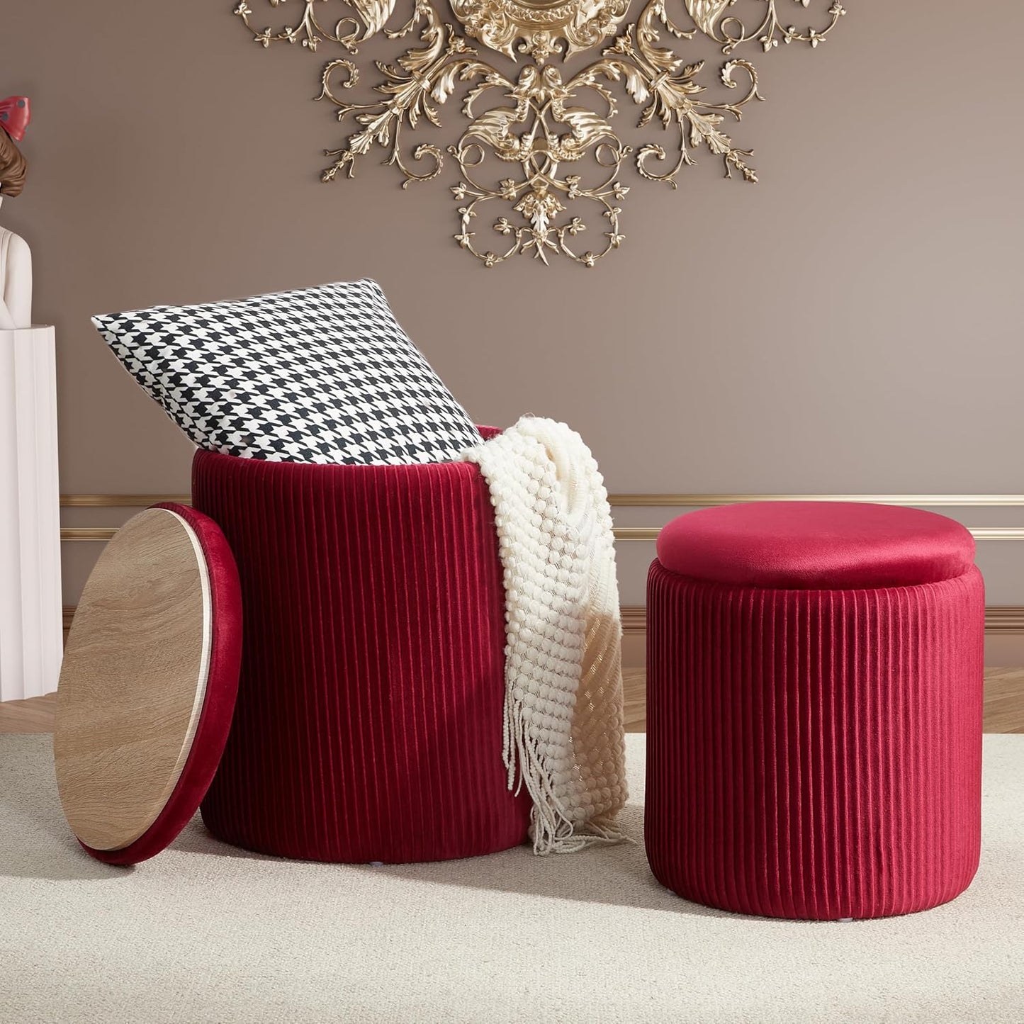 Round Ottoman with Storage Set of 2,Vanity Stool with Storage for Bedroom, Ottoman Coffee Table,Small Velvet Foot Stool for Living Room, Beige