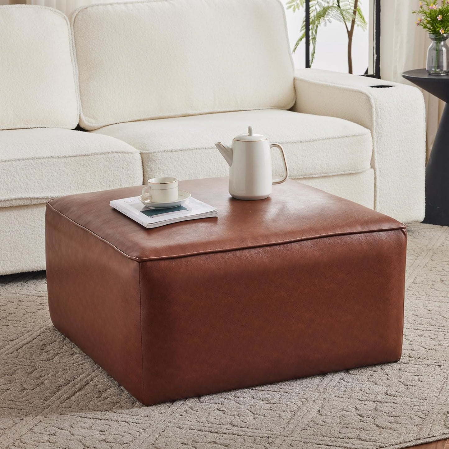 Christopher Knight Home Faux Leather Ottoman Footstool, Square Pouf Poufee Footrest Ottoman Large Seat, Modern Side Table for Living Room Bedroom Home Decor Gifts, Light Brown 30"