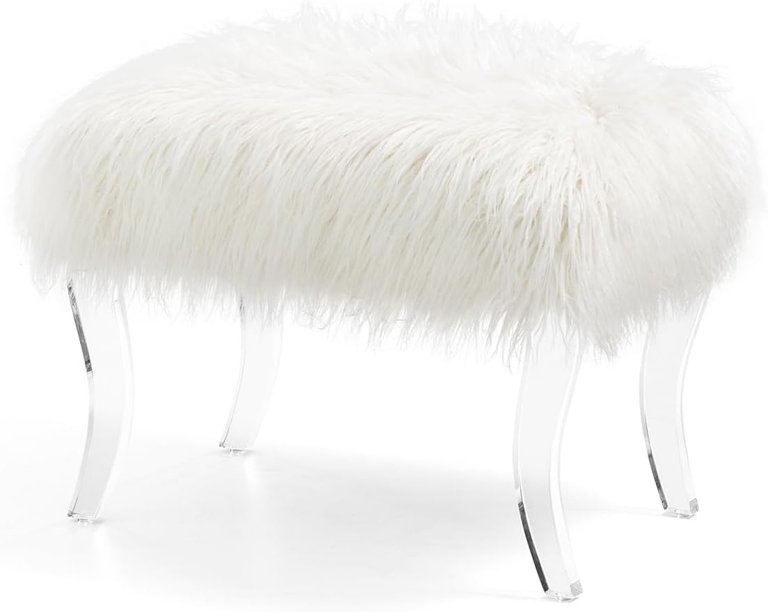 Glitzhome Modern Style White Faux Fur Ottoman Footrest Stool Vanity Stool with Acrylic Legs Accent Bench for Bedroom