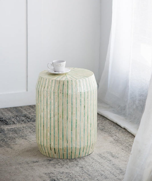 14x14x18 Cream and Green Cylinder Accent Stool with Striped Pattern,for Hallway