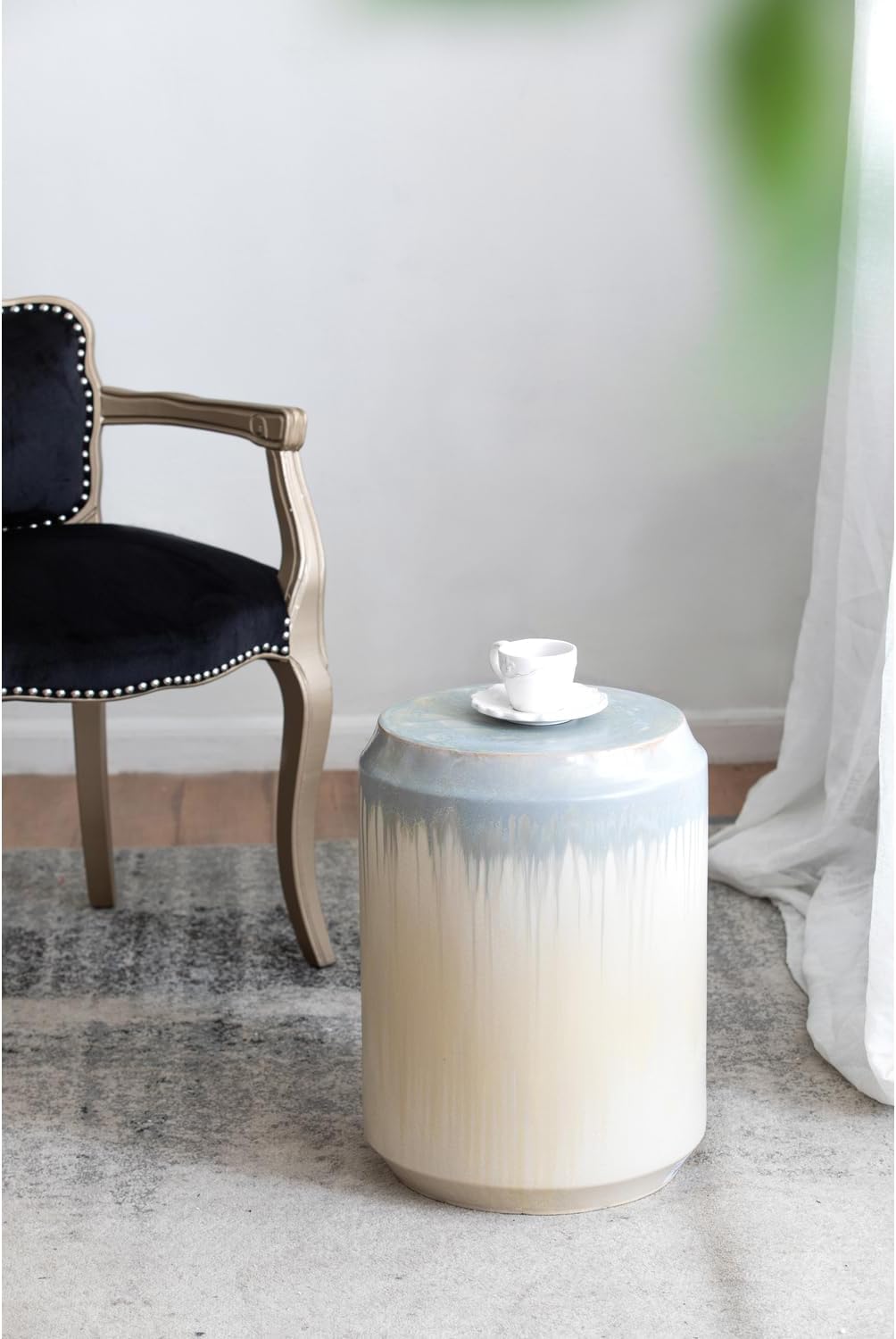 Asian Aesthetics Allure Glaze Ceramic Stool - 13" Dia. x 18" H - Blue/Cream - Decorative Ceramic Stool with Reactive Glaze Finish