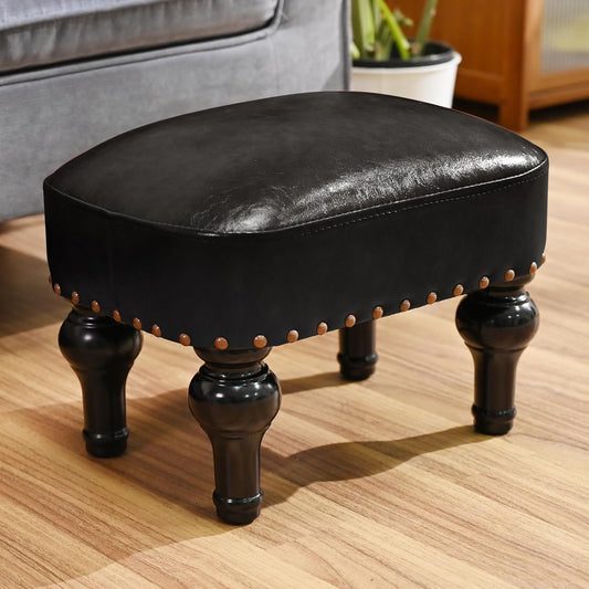 Leather Footrest Wood Ottoman,Rustic Foot Stools Seat, Wood Footstool,Rectangle Footrest Small Ottoman for Bedroom, Living Room, Office，Entrance Hall (Black)
