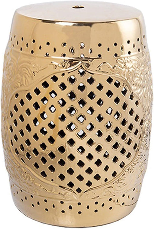 Drum Stool,Garden Stool, Decorative Ceramic Garden Stool with Glazed Hollowed Out Living Room Side Table for Changing Shoes, Suitable for Living Room, Balcony, Garden, Etc.(Gold)