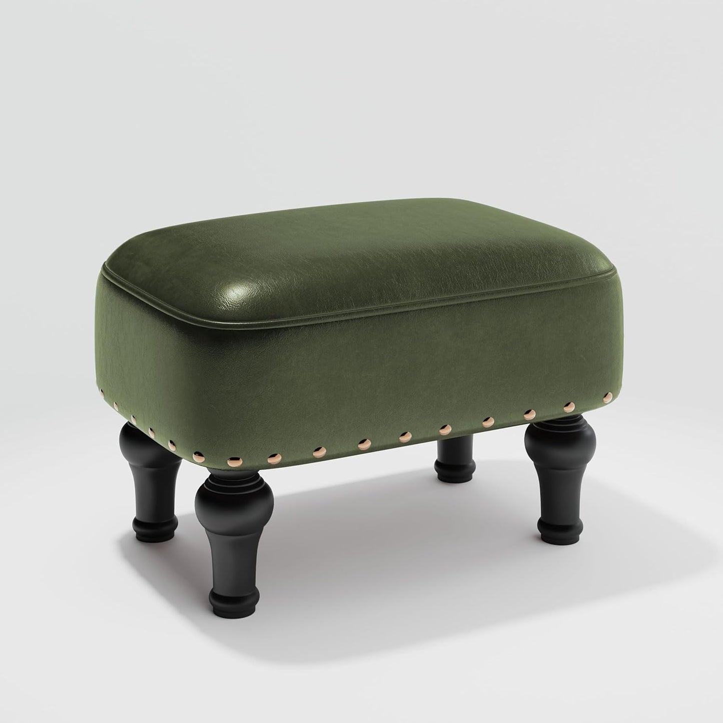 Ottoman Leather Foot Rest with Thicker Foam Padded Seat, Footstool with Wooden Legs (Black)