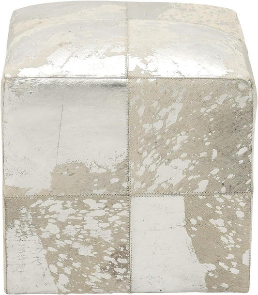 Deco 79 Leather Handmade Stool with Silver Foil Paint, 16" x 16" x 17", White
