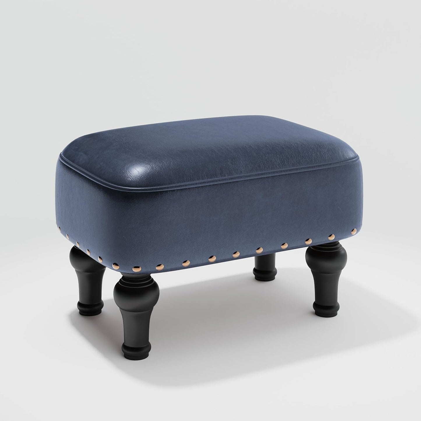 Ottoman Leather Foot Rest with Thicker Foam Padded Seat, Footstool with Wooden Legs (Black)