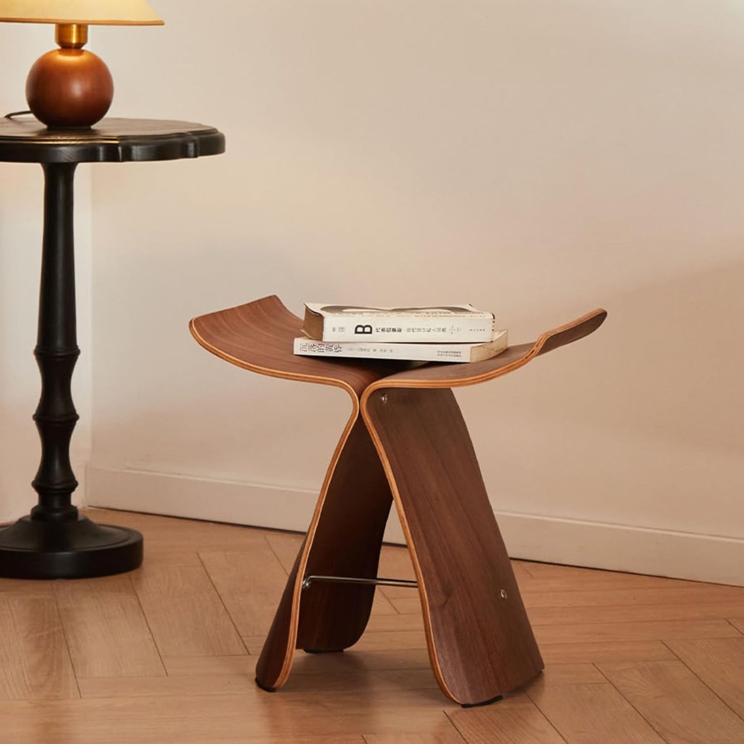 Chic Vintage Butterfly Stool - Solid Wood, Armless, Backless Design for Living Room & Entryway - Elegant Storage Solution (Walnut)