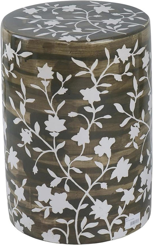 A & B Home 18 in H Cylinder Brown/White Ceramic Indoor Outdoor Hand Painted Stool with Flower Pattern, Home and Garden Décor