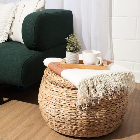 Round Storage Ottoman 24 inch Wicker Coffee Table Rattan Seagrass Foot Rest Stool with Large Lid for Living Room, Bedroom, Hand Woven, Natural Color, Boho, Coastal Farmhouse