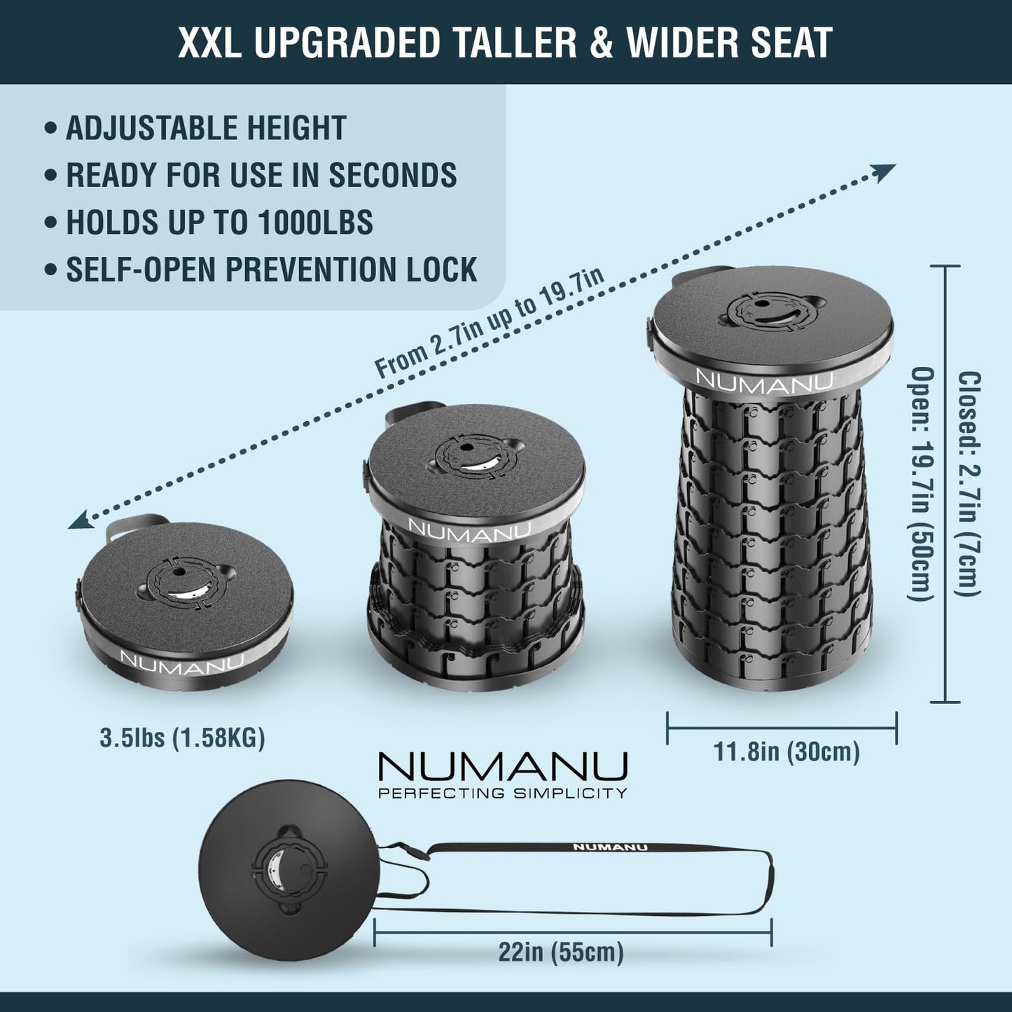 2025 Upgraded XXL 19.7" Collapsible Stool with Cushion & Carry Bag | 1000lbs Max Weight, Heavy Duty Portable Retractable Teselcopic Seat Folding Chair or Travel Footrest - Gift for Camping & Outdoors