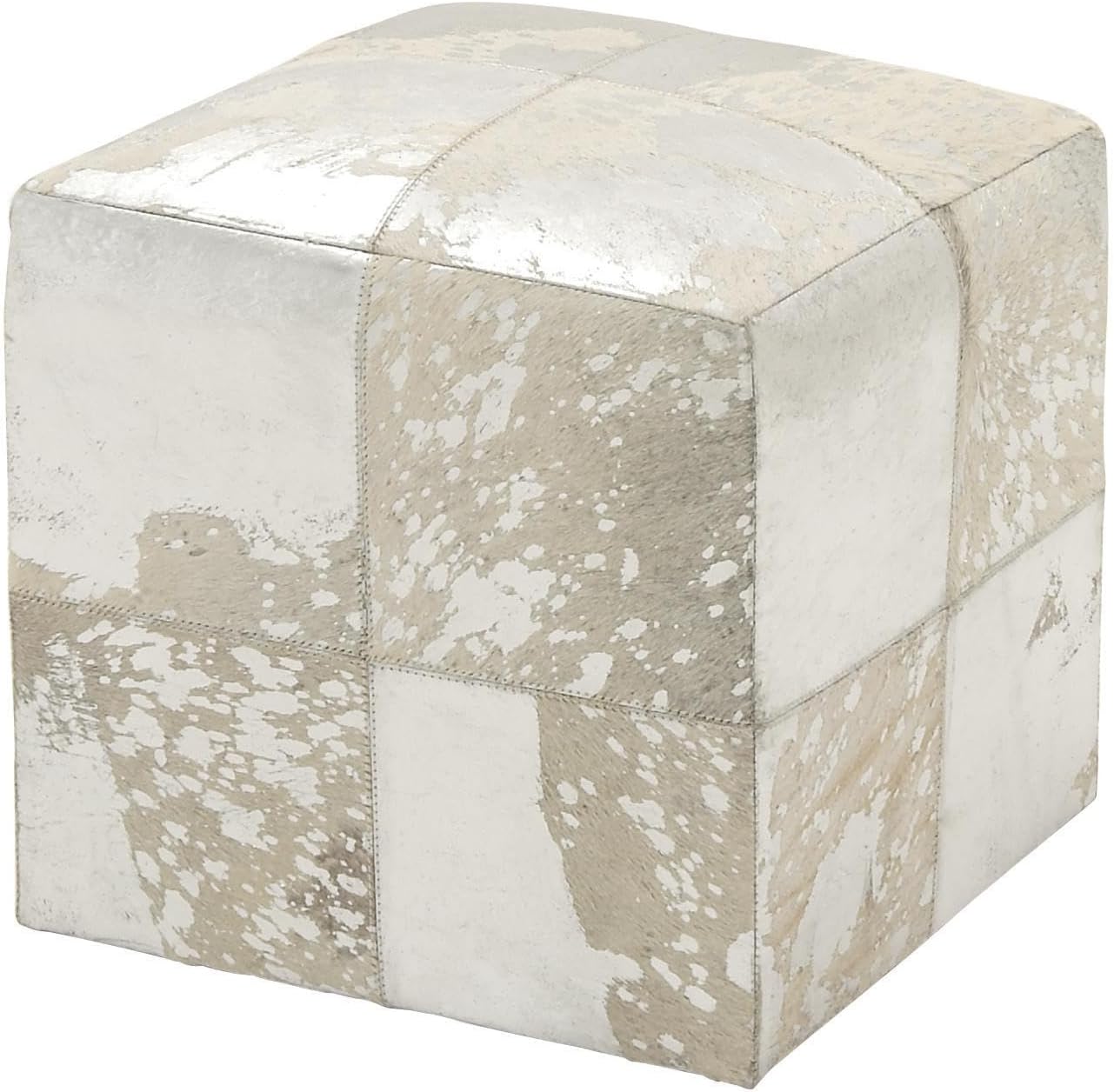 Deco 79 Leather Handmade Stool with Silver Foil Paint, 16" x 16" x 17", White