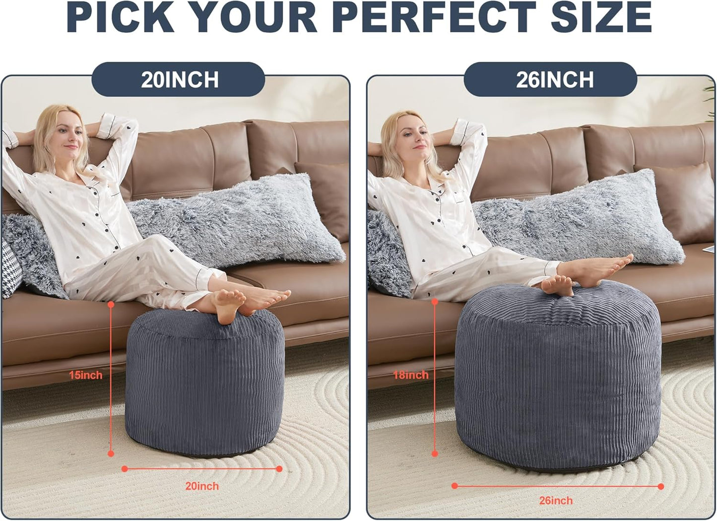 Pouf Ottoman Foot Stools with Foam Small Ottoman for Living Room Corduroy Ottomans Pouf 26x18 Floor Poufs Foot Rest for Chair Dark Grey Hassocks and Ottomans